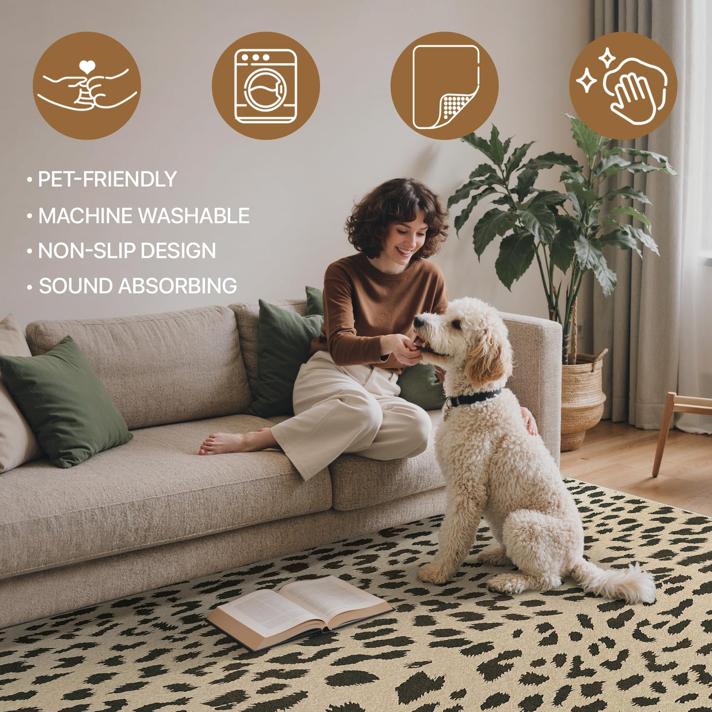 Bavni 8x10 Leopard Area Rugs for Living Room, Machine Washable Animal Rug Foldable Ultra-Thin Indoor Non Slip Brown Carpet Print Mat,Bedroom Dining Room Home Office,Leopard