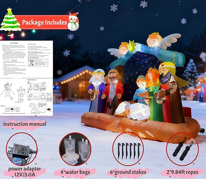 Christmas Inflatable Nativity Scene - 7ft Outdoor Indoor Decoration with LED Lights, Blow Up Yard Decor for Xmas Holiday, Nativity Set Includes Holy Family, Three Kings, Angel & Sheep