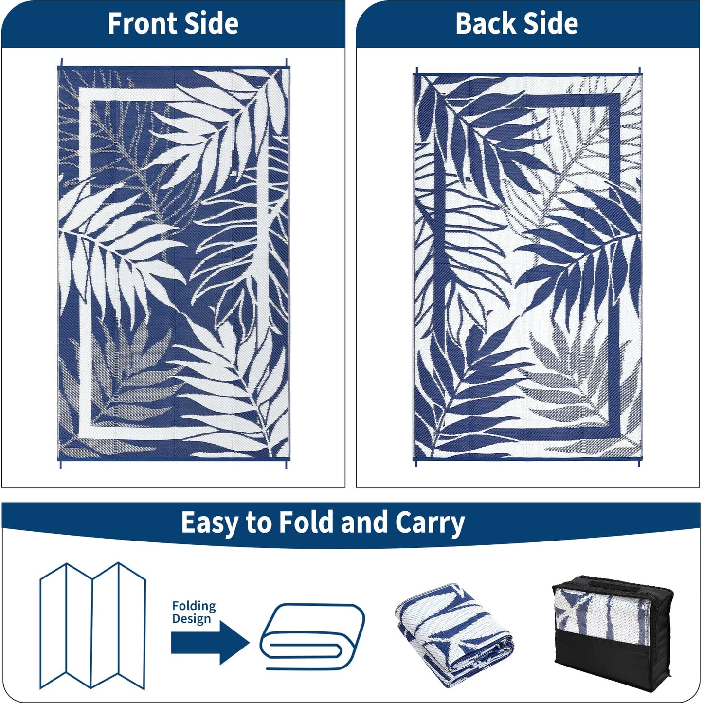 GAOMON 9'x18' Outdoor Rug Waterproof, Reversible Plastic Straw Rug for Large Patio, Backyard, Poolside, Deck – UV Resistant, Heavy Duty, Easy Clean Outdoor Carpet for High Traffic, Navy&White