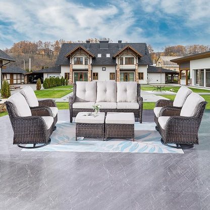 Rilyson Wicker Patio Furniture Set - 7 Piece Rattan Outdoor Sectional Conversation Sets with 4 Swivel Rocking Chairs,2 Ottomans and 1 Sofa for Porch Deck Garden(Brown/Beige)