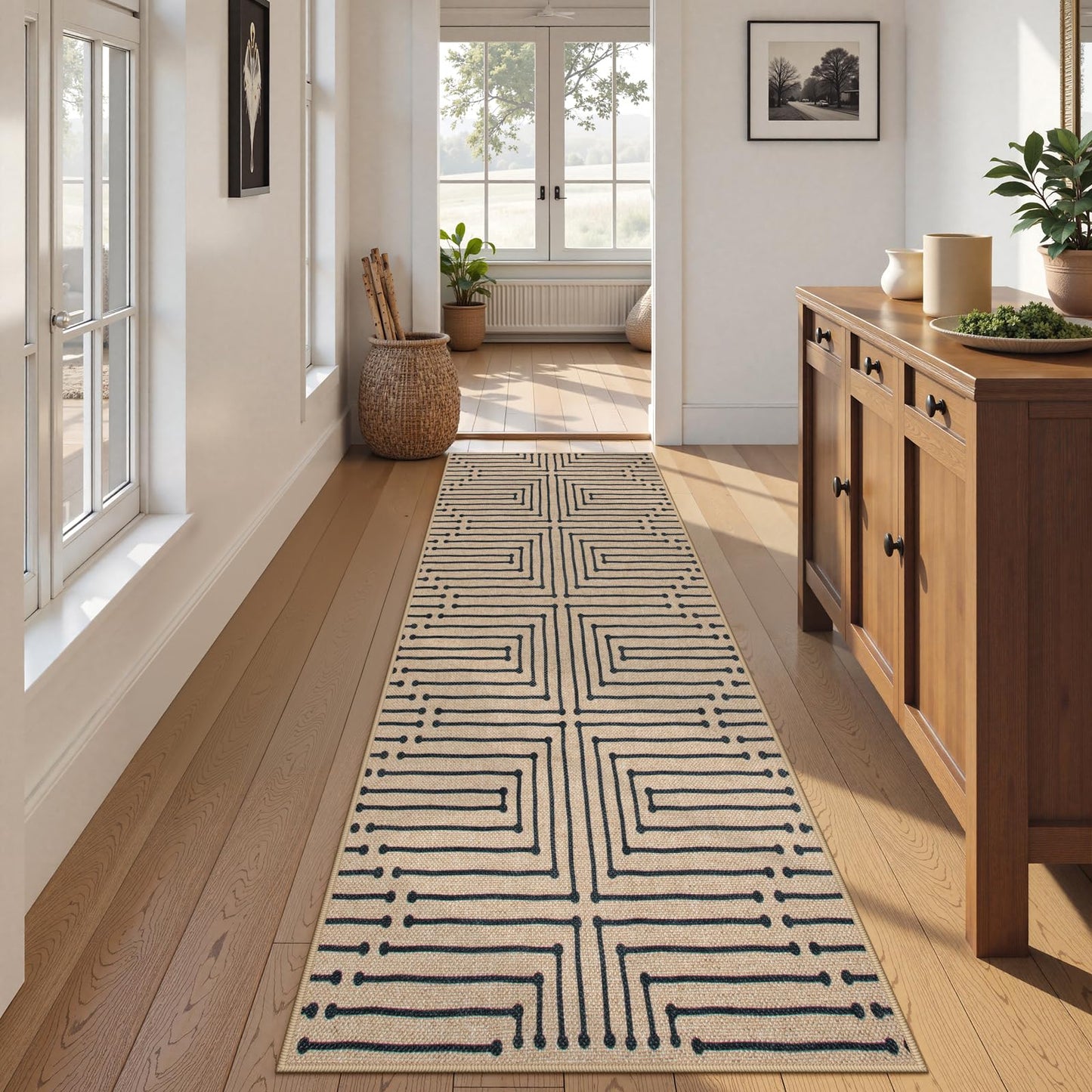 Lahome Maze Lines Easy Jute Runners for Hallways, 2x8 Washable Rug Runner Non Slip Stain Resistant, Farmhouse Low Pile Indoor Outdoor Carpet for Indoor Entryway Laundry Kitchen