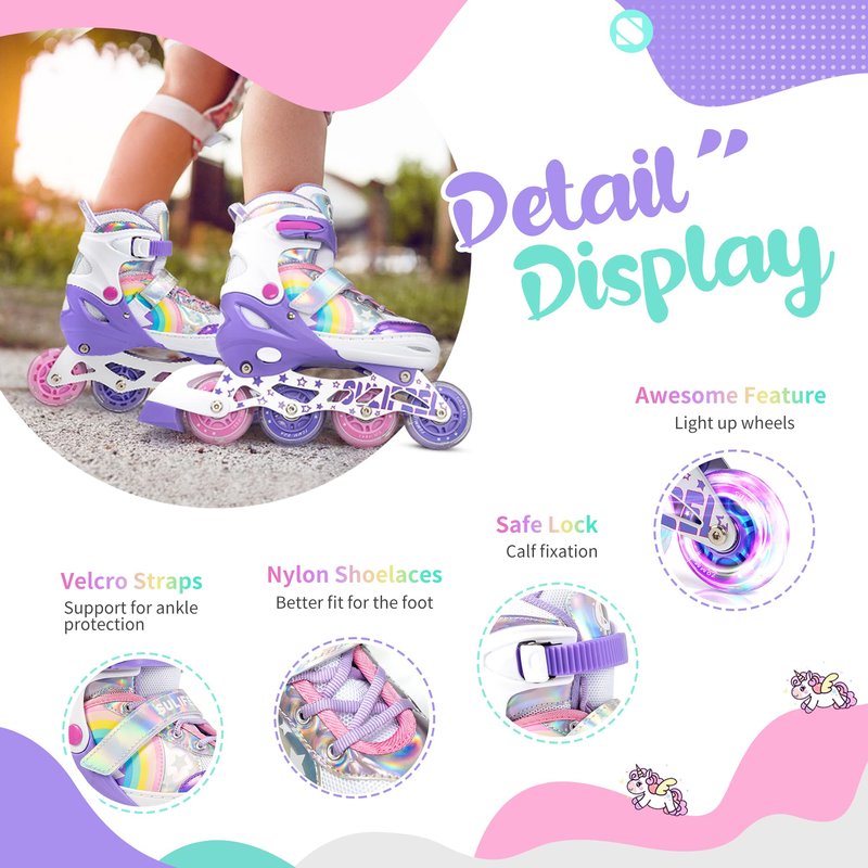 SULIFEEL Rainbow Unicorn Adjustable Inline Skates for Girls Boys and Kids with All Illuminating PU Wheels for Outdoor and Indoor Beginner Skates Purple Medium