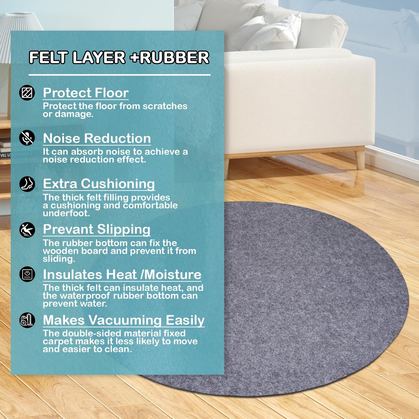 Waterproof Rug Pad Round 1/8 Thick Waterproof Non-Slip Rug Pad, Pad for Hardwood Floors,Rug Pads for All Floors and Finishes, Keeps Carpets in Place Soft and Safe（6FT）