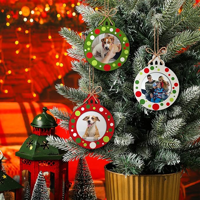 24 Pcs Christmas Pictures Frame Ornaments Bulk Wooden Red Green White Dots Christmas Photo Ornaments Hanging Picture Frames Memories Gifts Keepsake for Tree