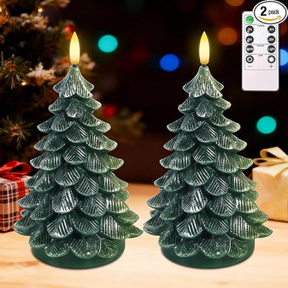 YAUNGEL Christmas Tree Flameless Candles,10-Key Remote and Timer, Real Wax Battery Operated 3D Wick LED Flickering Candles Realistic Christmas Tree for Christmas Holiday Indoor Dinner Decor, 2 Packs