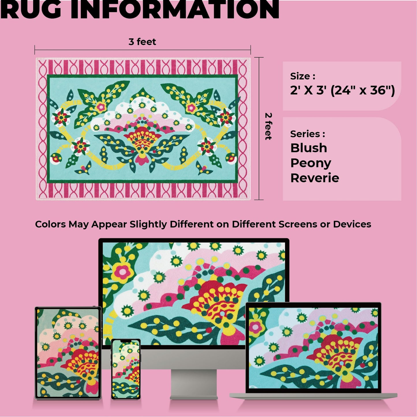 Jianhua Goddess 2x3 Entry Rug, Pink Peony Floral Pattern Series Inspired by Ku Shulan Paper-Cut, Machine Washable Indoor Floral Folk Art Accent Rug with Non-Slip Backing for Entryway, Bedside, Studio