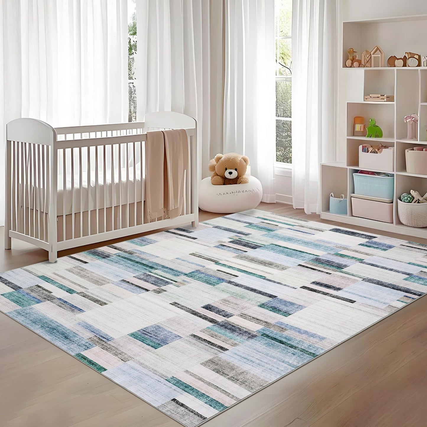 Garvee Washable 8x10 Rugs for Living Room Non Slip Throw Rugs Large Bedroom Rug Modern Geometric Low Pile Non Shedding Stain Resistant Carpet for Dining Room Office Classroom, 8'x10' Blue
