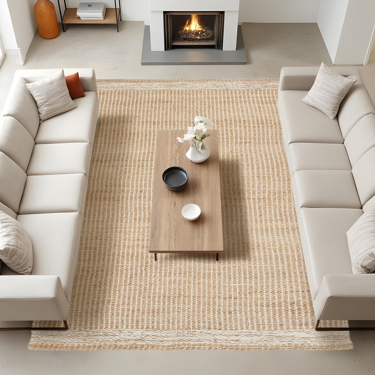 RUSVILLA 10x14 feet Natural Jute & Wool Area Rug,– Handwoven Mini Check Natural Fiber Rug with 4" Border, Neutral Boho Farmhouse Rug for Living Room,Dining Room,Bedroom | 0.6" Pile (10' x 14')