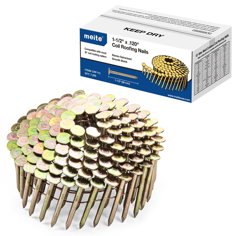 meite Roofing Nails 15 Degree Electro Galvanized Coil Nails 1-1/2-Inch, Rust-Proof Big Head Roofing Nails for Electric or Pneumatic Nailer Gun, Wire-Collated Coil Nails for Lathing Sheathing, 7200PCS