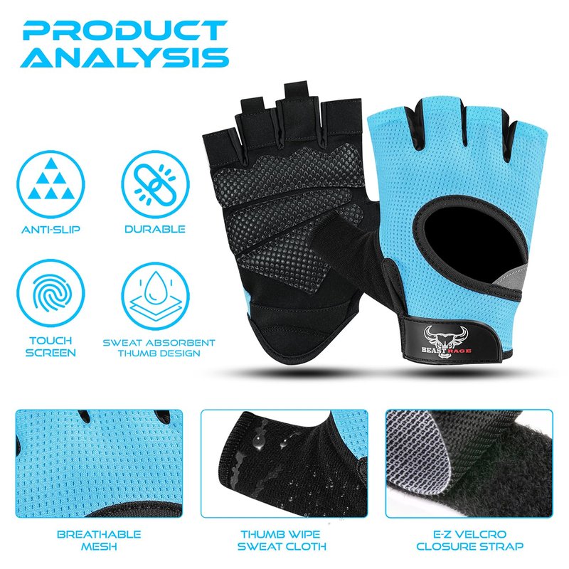 BEAST RAGE Workout Gloves, Men & Women Fingerless Weight Lifting Gym Gloves with Palm Protection, Breathable, Lightweight, Cycling Pull Up (Aqua, S)