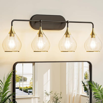 TETOTE 4-Light Modern Bathroom Light Fixtures, 4 Light Vanity Lights Over Mirror Black & Gold Wall Lamp with Clear Glass for Bathroom, Mirror, Living Room, Bedroom, Hallway