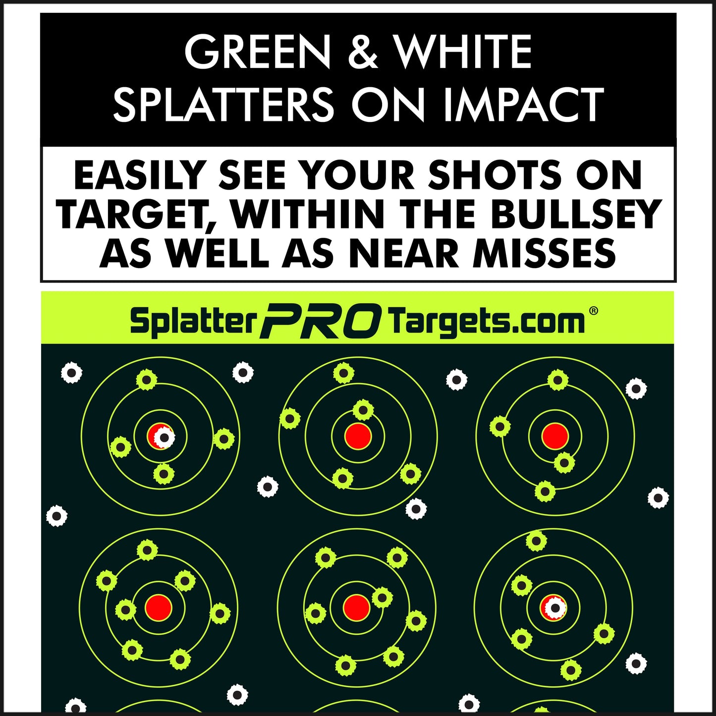 12x18 Splatter Targets. Shots Burst with a Bright Splatter Upon Impact. Instantly See Your Shots. Fully Reactive Targets.