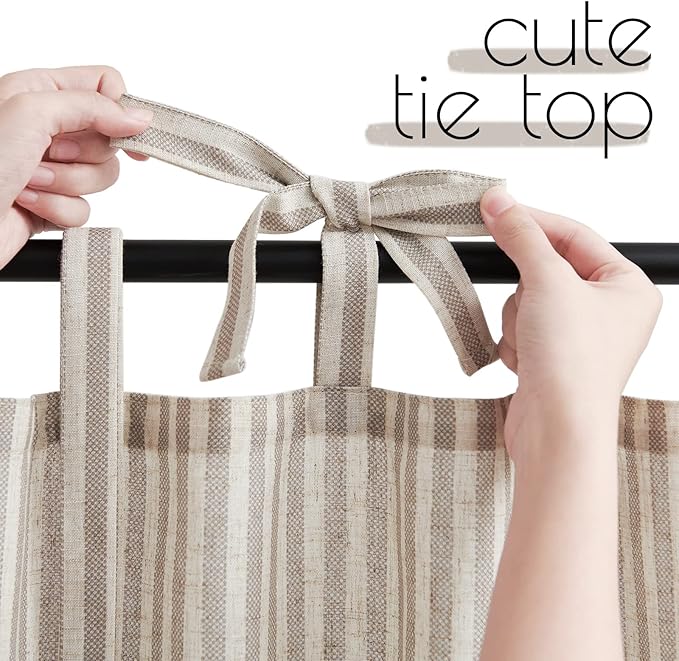 jinchan Tie Top Kitchen Curtains 36 Inch Length Striped Tier Curtains Ticking Stripe Small Drapes for Living Room Bathroom Cafe Small Window Farmhouse Rustic Rod Pocket 2 Panels Taupe Grey
