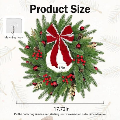 Pine Branch, Red Berry and Bow Christmas Artificial Wreath Silk for Front Door Home Wall Holiday Christmas Festival Decor (18 inches)