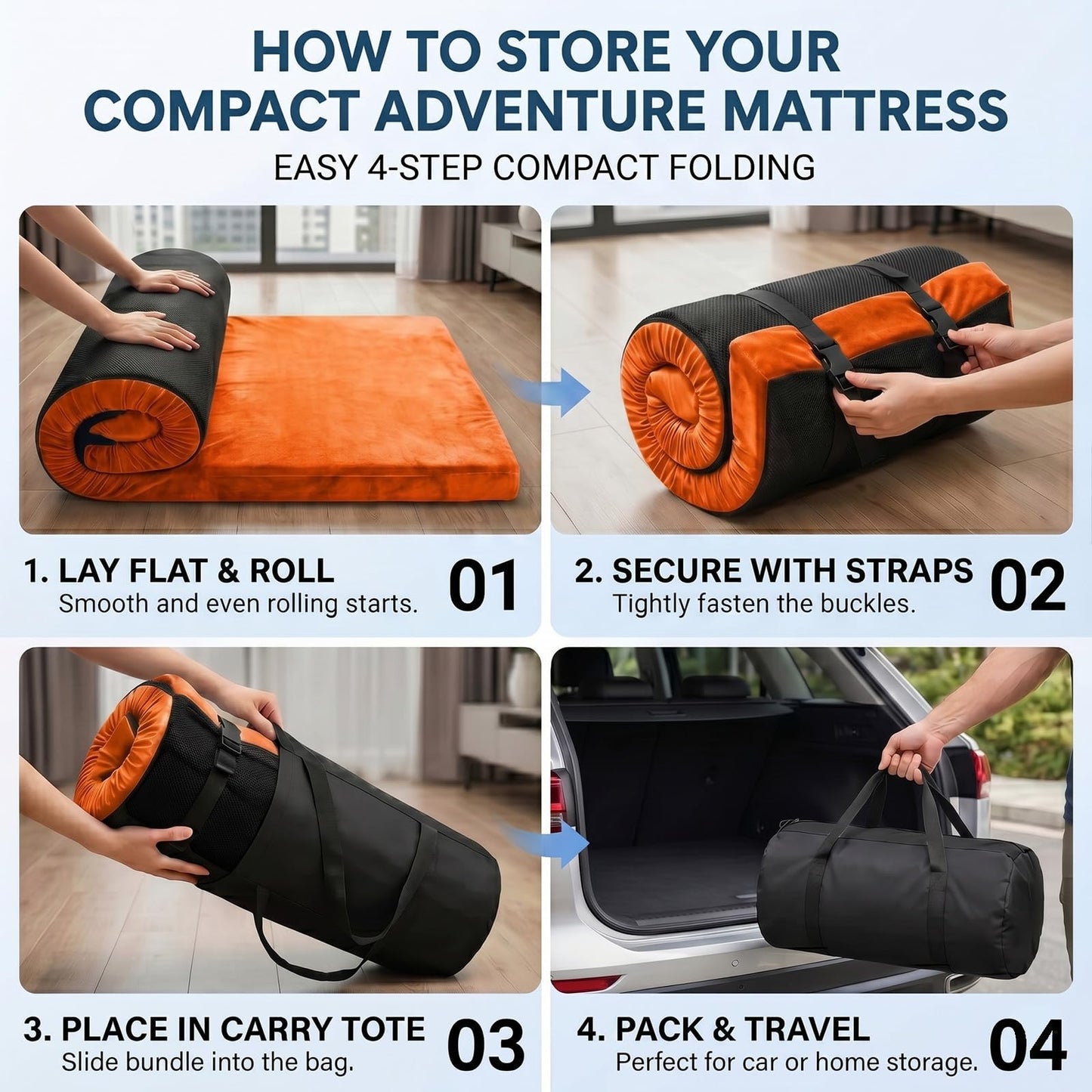 ORSEQFFG Camping Mattress Pad, 3 Inch Memory Foam Camping Mattress with Non-Slip Bottom & Washable Cover, Portable Roll Up Floor Camping Mat, Camping Sleeping Pad for Adults, Car Bed with Travel Bag