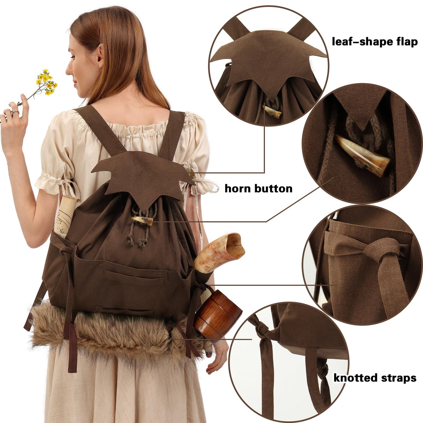 FURPHI Medieval Drawstring Backpack Vinatge Bag Renaissance Ren Faire Camping Accessories (Brown)
