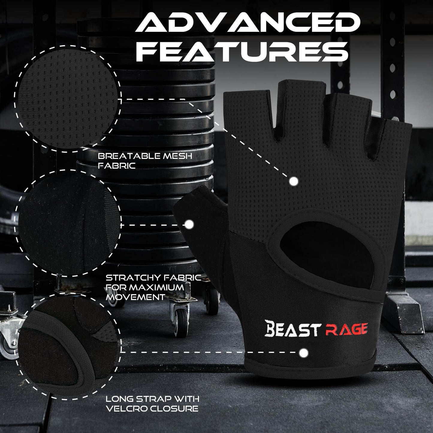 BEAST RAGE Workout Gloves for Men Gym Gloves for Weightlifting Women Fingerless with Palm Protection Padding, Breathable and Lightweight Weight Lifting Glove Cycling Pull Up (Black, S)
