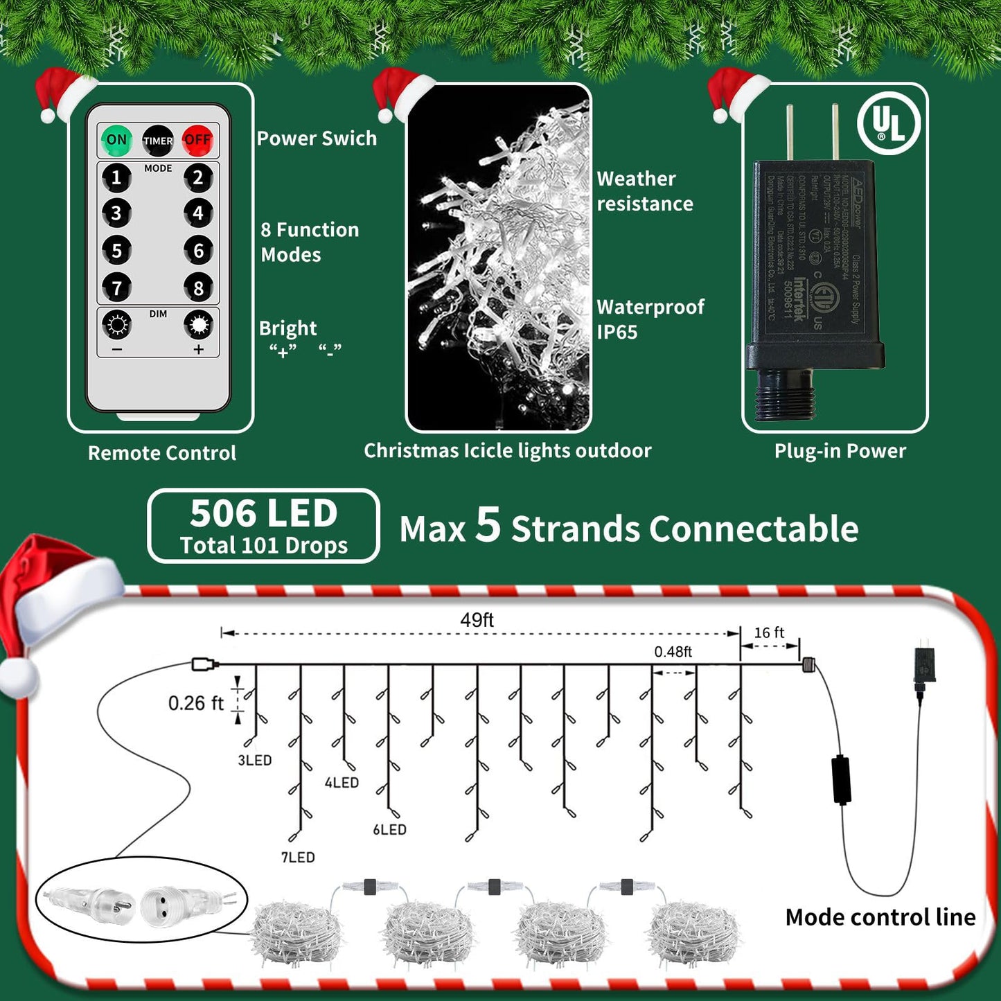Ryblgled Icicle Christmas Lights for Outside - 65Ft 506 LED Plug-in Icicle String Lights Outdoor Decorations with Remote,Waterproof, Cool White Christmas Icicle Lights for House Bedroom Balcony Decor