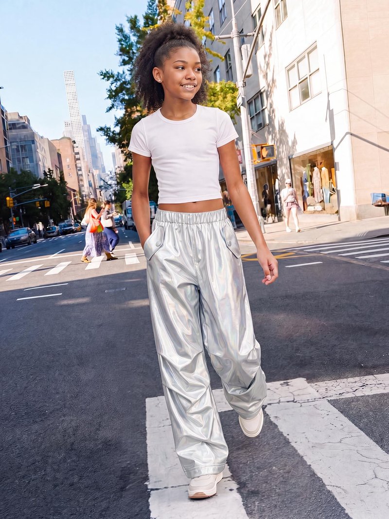 Stelle Girls Metallic Cargo Pants Shiny Hip Hop Dance Joggers Sparkly Stretchy Wide Leg Street Pants for Kids,Holograph Silver,8-9 Years