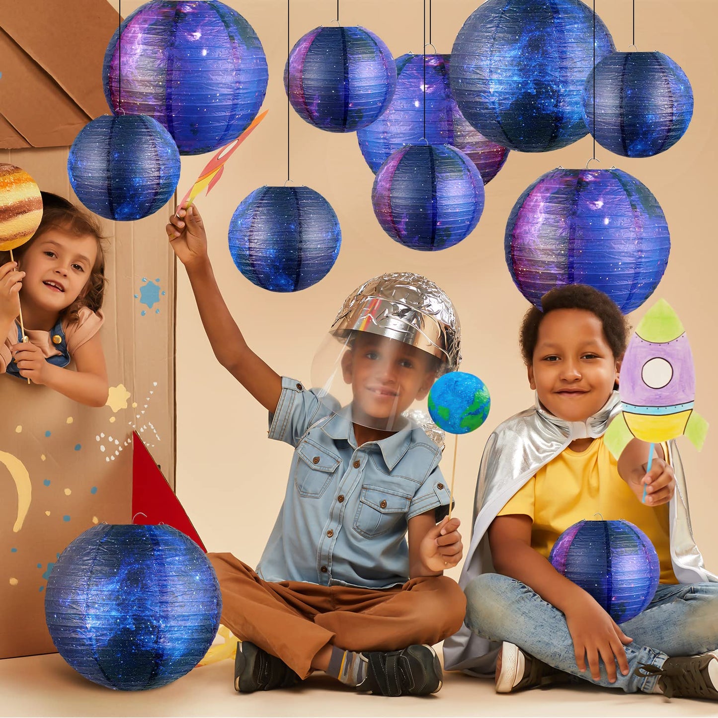 10 Pieces Galaxy Print Paper Lanterns Chinese Japanese Space Themed Hanging Paper Lanterns Galaxy Themed Party Supplies Ceiling Decor for Home Birthday Party Decor(8 Inch/ 6 Inch)