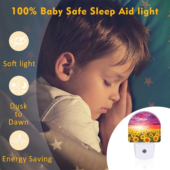 Sunflowers with Sunset Night Light for Kids,Blooming Summer Sunflowers Night Light Plug in with Dusk to Dawn Sensor,0.5w Energy Saving Nightlight for Hallway Stairway Kitchen Bedroom