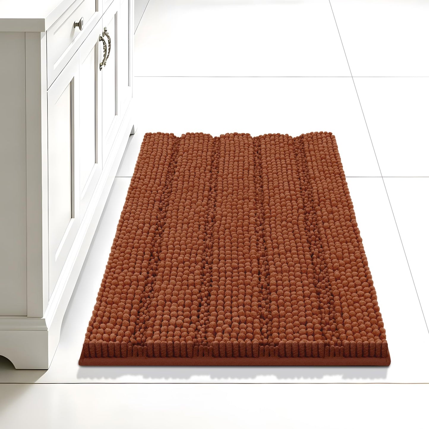 Bcoimo 24"×17" Chenille Bath Mat – Non-Slip with Backing Bath Rug Ultra-Absorbent and Machine Washable Bathroom Mat Quick-Dry Design. Ideal for Bathroom and Tub Areas