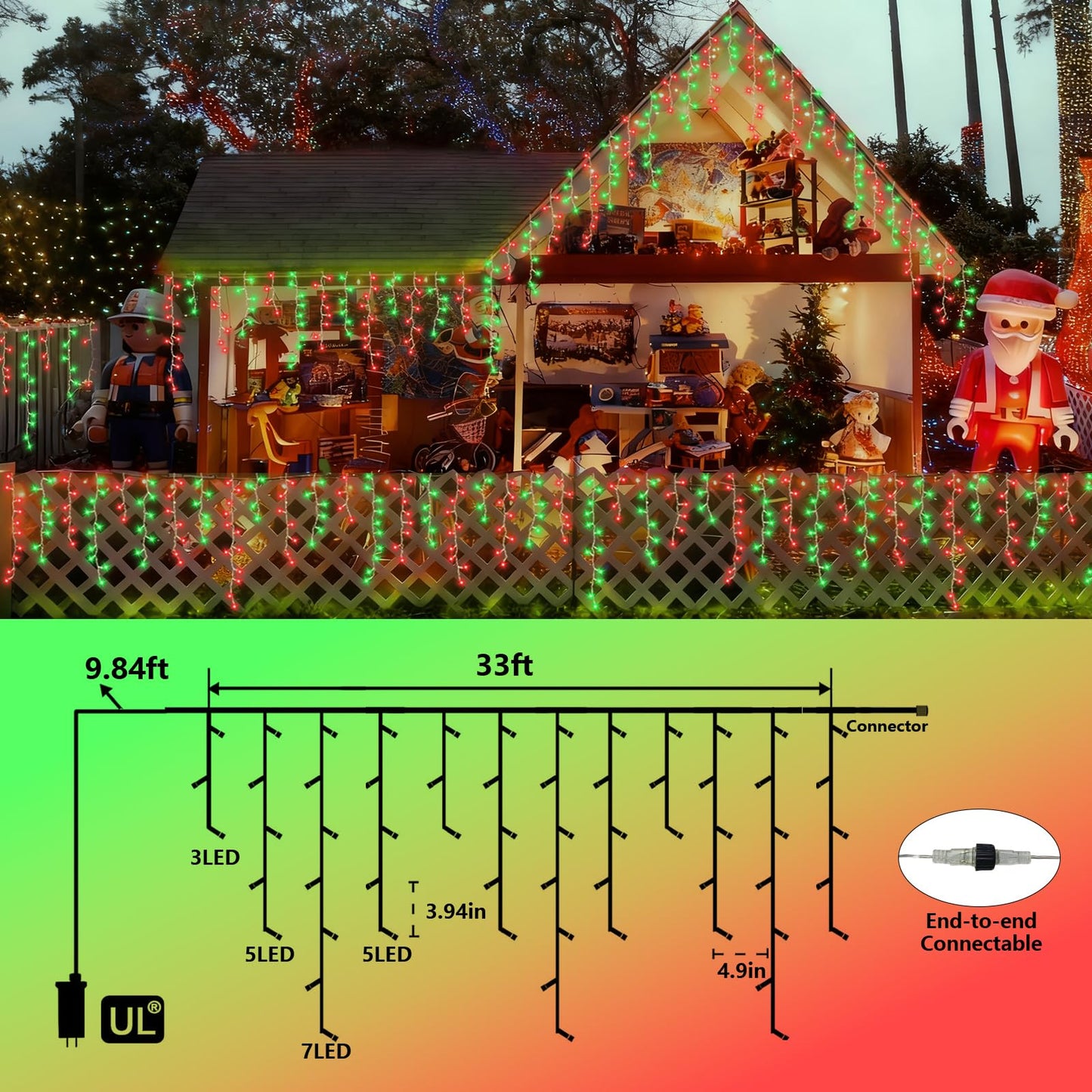 YEGUO 33ft 400 LED Red and Green Icicle Lights Outdoor Waterproof, 80 Drops Icicle String Light Connectable, 8 Modes Icicle Christmas Lights with Memory Timer