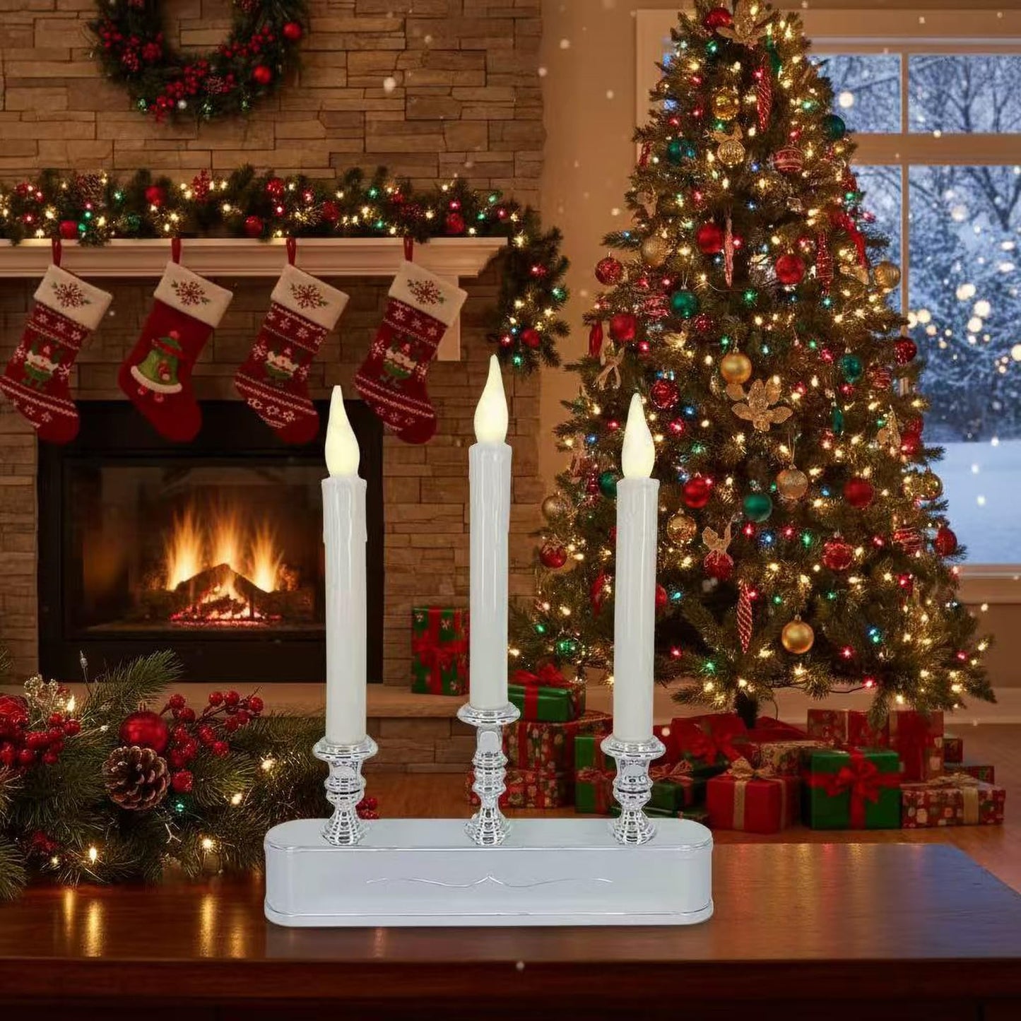 FGDECORJOIE Rechargeable Window Candles with Timer Battery Operated Flicker Flame Silver Antique 3 Tier LED Window Candelabra 11.5 Inch Hight for Christmas New Year Festival