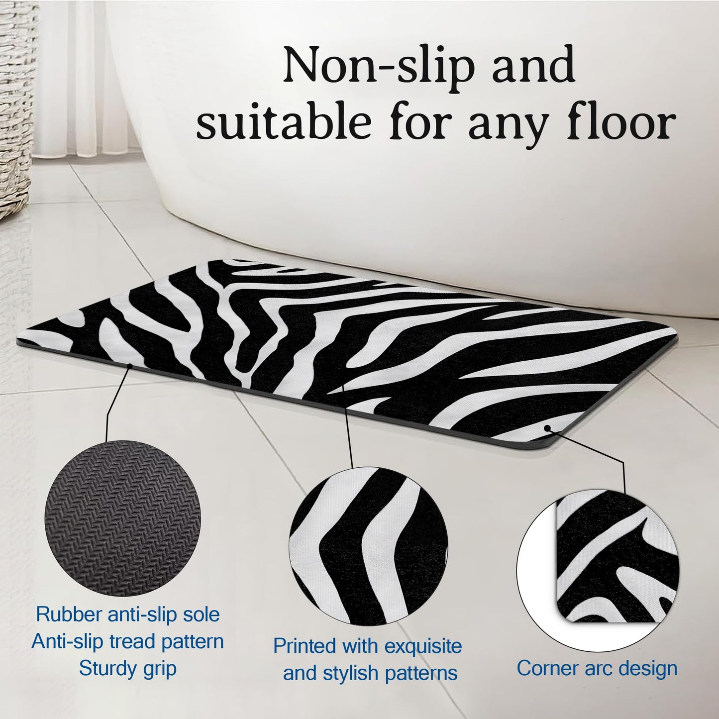 Elightvap Bath Mat Zebra Print Bathroom Rug,Soft and Non Slip Bath Rugs,Quick Drying Machine Washable Floor Mat 17 * 29.5 Inches for Shower Room,Bathtub,Kitchen Bathroom