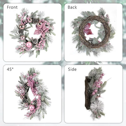 20" Christmas Wreaths for Front Door, Artificial Christmas Wreath Decoration with Lights, Winter Wreaths with Pine Cones,Bow,Balls Ornaments for Indoor Outdoor Home Decor (Pink)