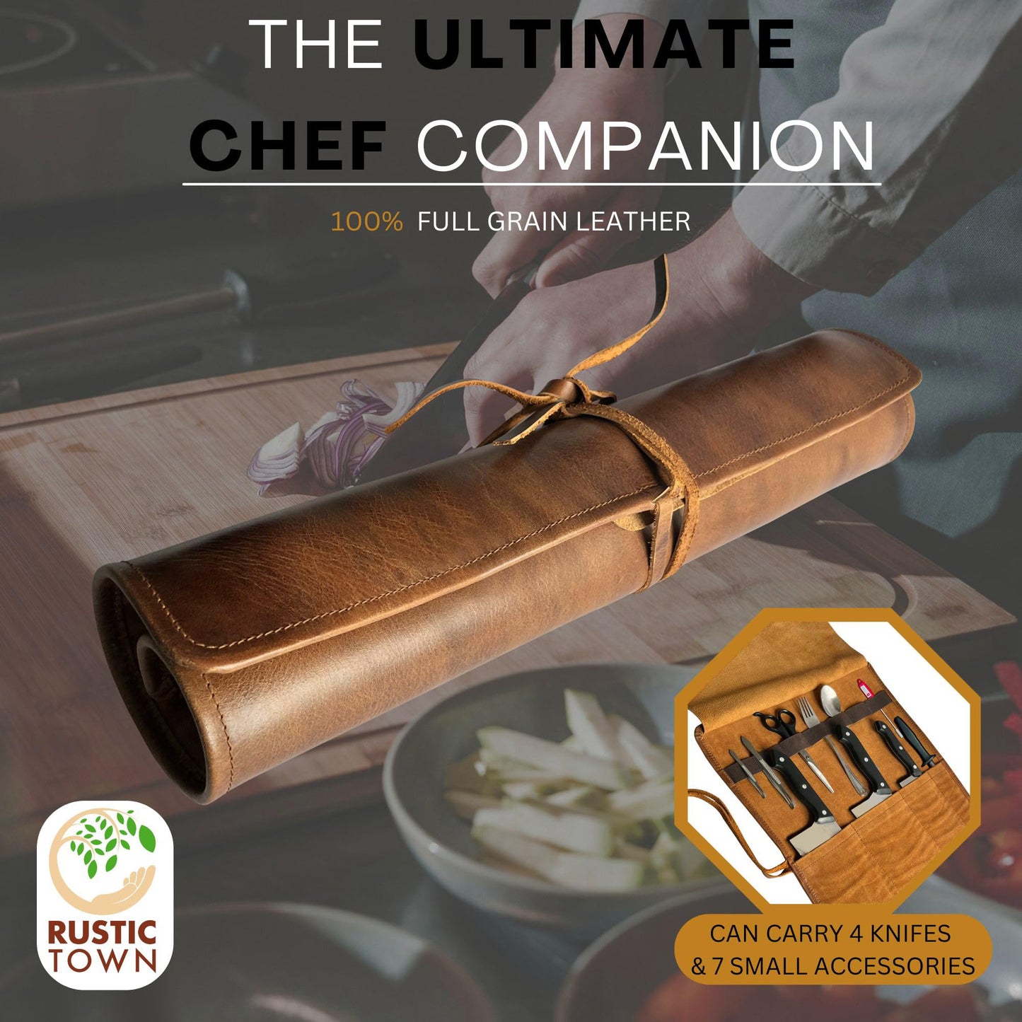 RUSTIC TOWN Leather Knife Roll - Chef's Knife Case Holder Cutlery Carrying Case Organizer Storage Bag - Travel Friendly Gift for Men & Women