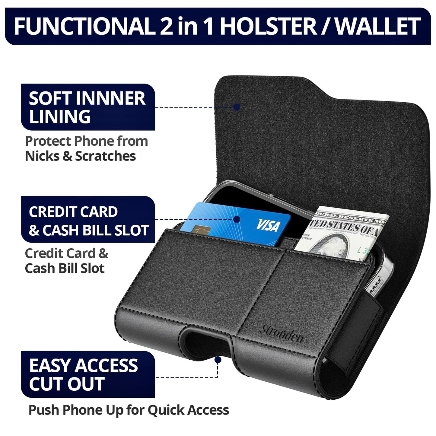 Stronden Magnetic Closure Holster for iPhone 17 Pro, 17e, 17, 16 Pro, 16e, 16, 15 Pro, 15, 14 Pro, 14, 13 Pro, 13, 12 Pro, 12, 11, XR - Leather Belt Case Pouch (Fits Slim/Regular Case on)
