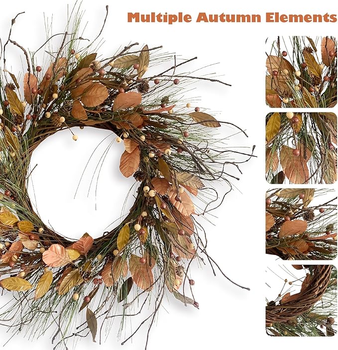 26 Inch Fall Wreath for Front Door Pip Berry Pinecone Autumn Wreath with Pine Needle and Magnolia Leaves, Large Grapevine Wreaths for Fall Door Decor Farmhouse Wall Window Home Decoration