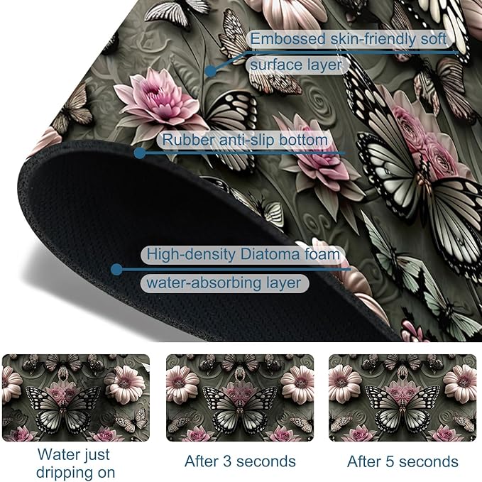 Cute Butterfly Sink Splash Guard Pink Flower Faucet Absorbing Mat Fast Drying