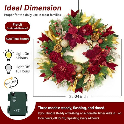 Christmas Wreaths for Front Door, Soomeir 24 Inch Outdoor Christmas Wreath with Lights, Large Prelit Wreath for Holiday Winter Window Outdoor Indoor Xmas