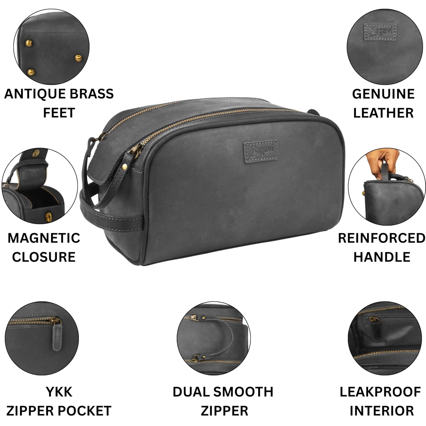 Rasavi Genuine Leather Travel Toiletry Bag, Handcrafted Vintage Water-Resistance Dopp Kit, Large Shaving & Bathroom Organizer - Gift for Men & Women - Black