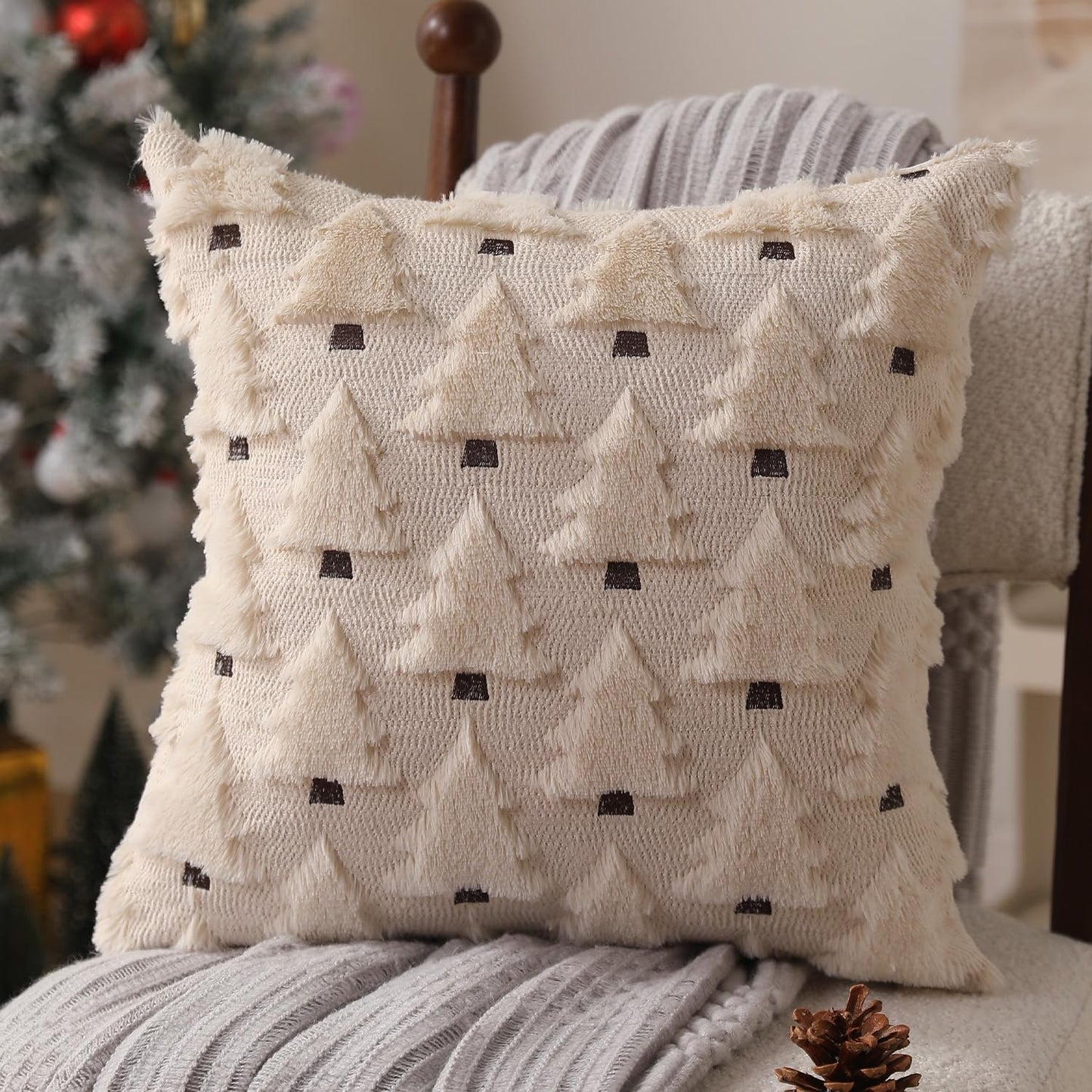 Allorry Christmas Pillow Covers 16x16 inch Set of 2 Xmas Decorations Soft Plush Faux Fur Wool Beige Christmas Tree Throw Pillow Cases Winter Holiday Decor for Sofa Living Room PT-002C16
