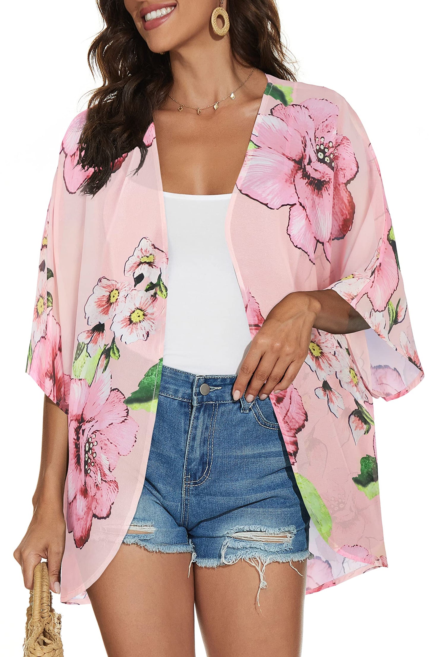 Women Summer Kimono Cardigan Sheer Beach Cover ups Chiffon Loose Casual Open Front Swimwear Shirts (Rose Pink,M)