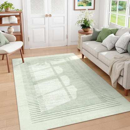 Morebes Sage Green Rug for Living Room, 5x7 Washable Area Rug for Bedroom Non Slip Modern Striped Boy Room Rug, Stain-Resistant Geometric Low Pile Soft Carpet for Nursery Dining Room