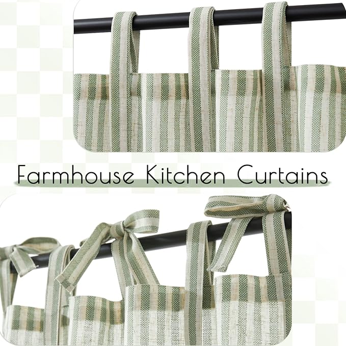 jinchan Tie Top Linen Kitchen Curtains 36 Inches Striped Tier Curtains Farmhouse Modern Cafe Style Small Window Treatments Airy Light Filtering Rod Pocket for Living Room Bathroom 2 Panels Sage Green