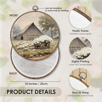 Fewgb Vintage Barn Farmhouse Round Wall Art Decor Framed for Kitchen Bedroom Living Room, Rustic Farm House Canvas Wall Art Prints Picture, Country Cottagecore Hanging Room Decor Artwork 10x10