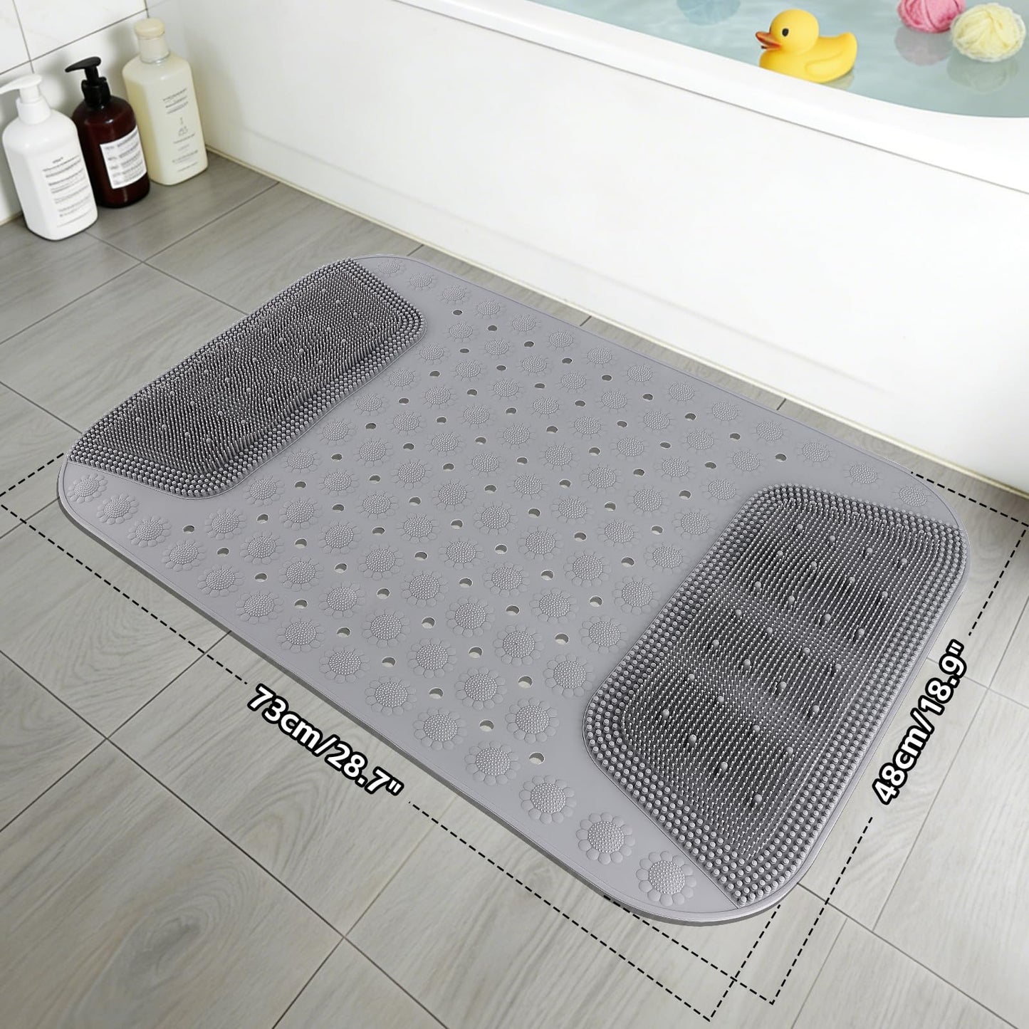 Rolcoassuns Bathtub Shower Mat Non Slip, 28.7x18.9 inch Silicone Bathroom Mat with Foot Scrubber on Both Sides, Drain Hole and Suction Cups, Machine Washable Bath Mats for Elderly, Pet (Gray)