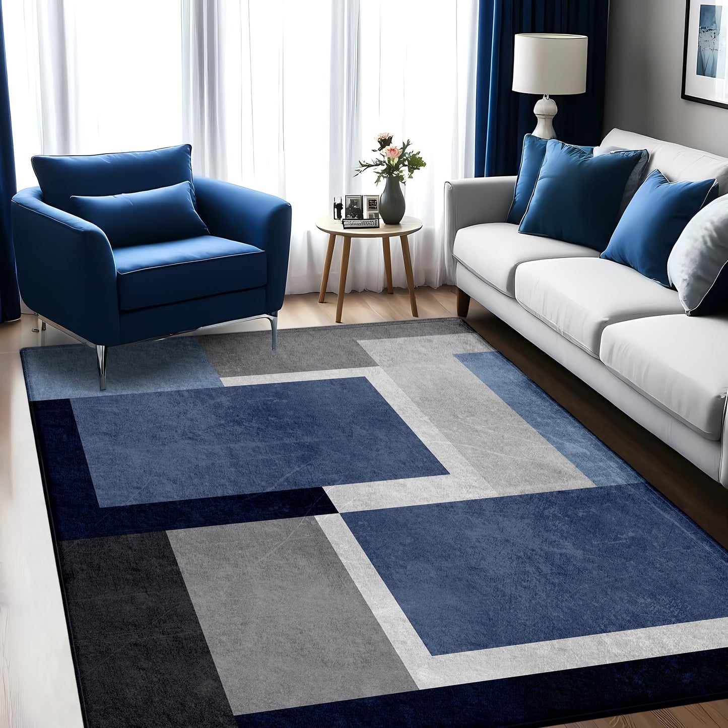 AICLIV Washable Low-Profile Geometric Area Rug, 0.2 inch Thin Abstract Rug Design for Living Room & Bedroom Decor, 5x7 ft Blue Grey Modern Non-Slip Floor Rug