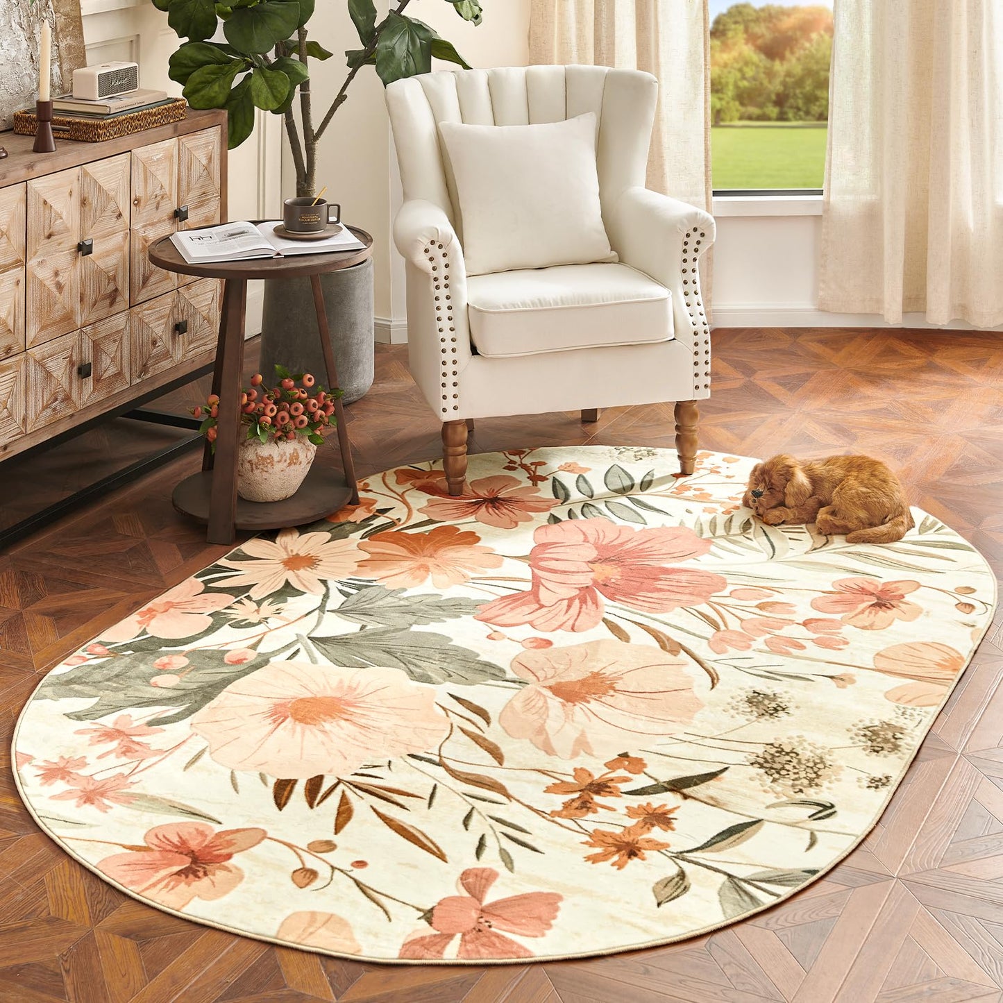 jinchan Renouveau Floral Area Rug 5x7 Oval Rug Living Room Washable Modern Oriental Flower Print Non Slip Carpet for Bedroom Dining Room Entryway Home Office Pink/Grey