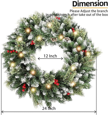 24 Inch Christmas Wreaths for Front Door with Lights,Lighted Artificial Flowering Pine Door Wreath,Prelit Faux Green Winter Wreath with Pine Cones and Red Berry for Indoor Outdoor Decor