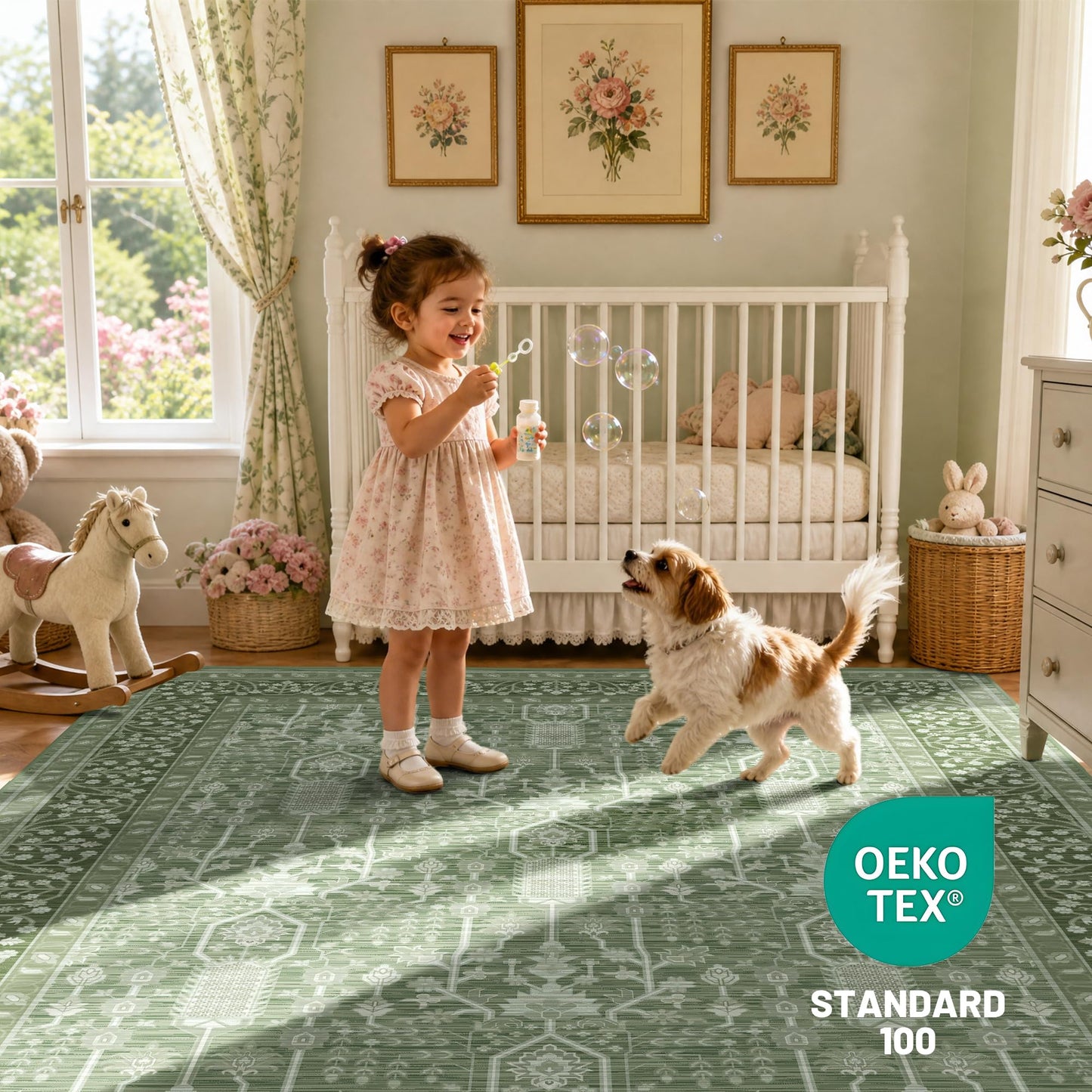 Deerly Boho Area Rug 4x6 Vintage, Thin Low Pile Soft Carpet with Non-Slip Backing Machine Washable Easy Clean Rugs for Kitchen Living Room Bedroom Dorm Laundry, 4x6ft Green