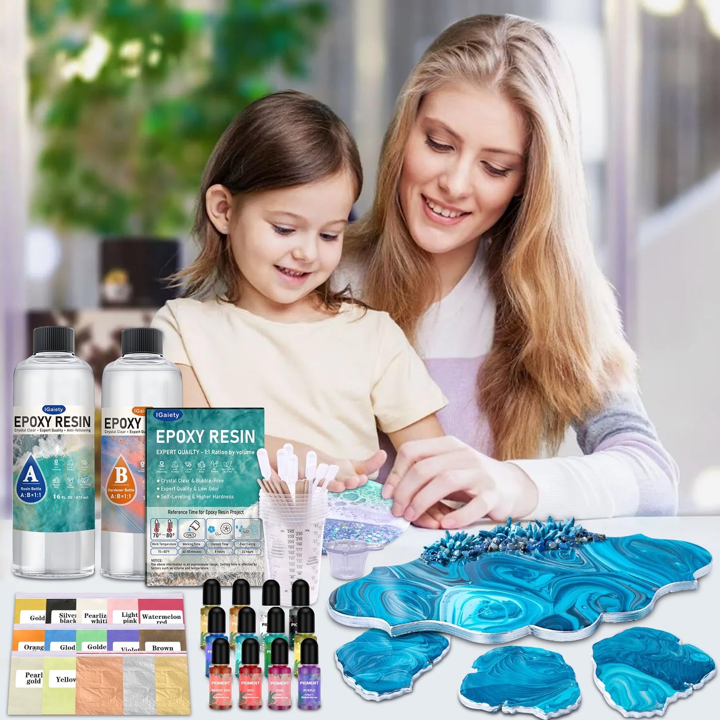 IGaiety Epoxy Resin 32 OZ, Epoxy Resin Kit, Crystal Clear Resin Not Yellowing Epoxy Kit Self-Leveling & Bubble-Free for Beginner Coating Casting DIY Jewelry Making Art Crafts (16 OZ+16 OZ)