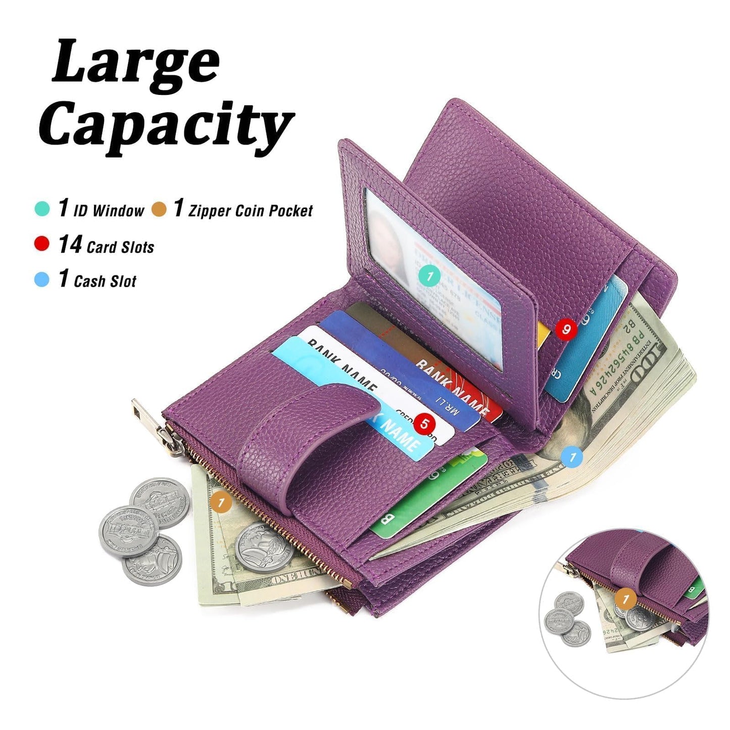 GAEKEAO Small Wallet for Women, Bifold Vegan Leather RFID Blocking Ladies Compact Card Holder with Zipper Pocket & ID Window