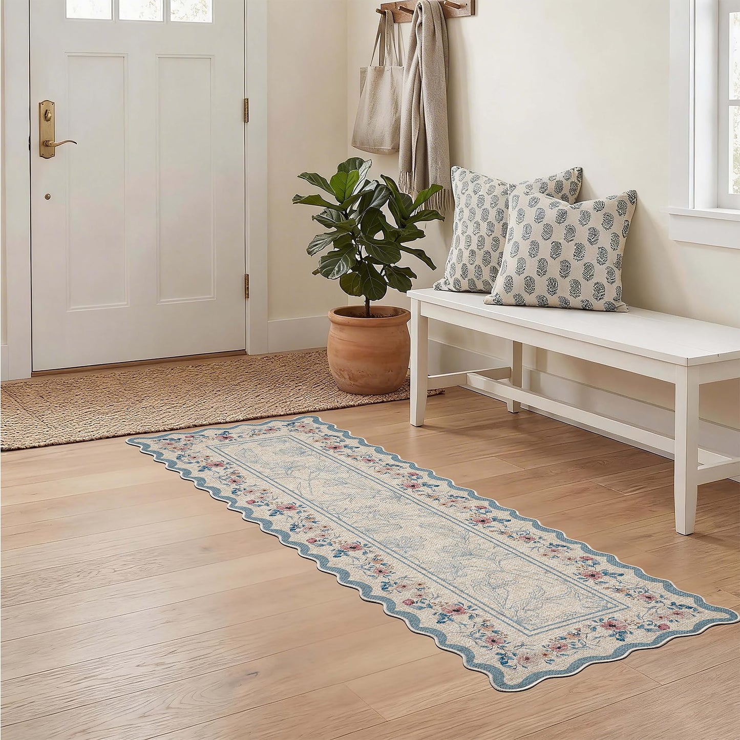 ORTIGIA Scalloped Easy Jute Runner Rug 2x6 ft Farmhouse Blue Floral Washable Kitchen Rug Non-Slip Low-Pile Indoor Outdoor Carpet for Bedroom Dining Entryway Hallway Patio Laundry Room