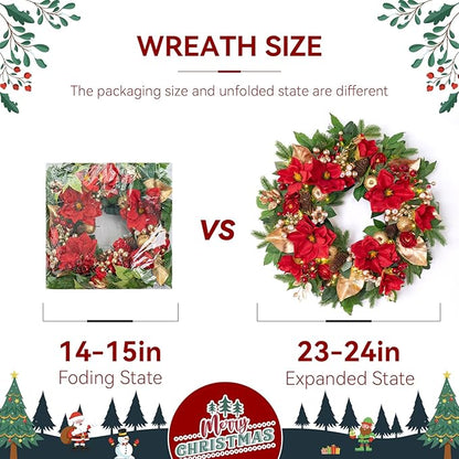 24 Inch Magnolia Christmas Wreath for Front Door, Christmas Wreath with LED Lights, Red Flowers, Red Berries, Pinecones Christmas Decorations，Winter Door Wreath for Wall Window Indoor or Outdoor